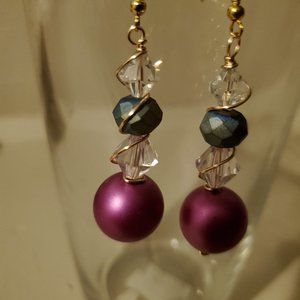 Boho Pink, Bicone Glass Bead , Iridescent Swirl Glass Bead Wrapped Earrings.